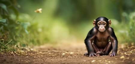Chimpanzee baby sitting on the ground in the forest.の素材