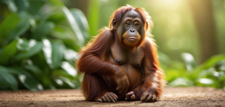 Orangutan sitting on the ground and looking at camera. Bornean orangutan.の素材