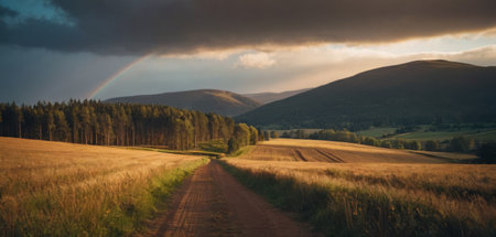Panoramic image of a road in the middle of the fieldの素材