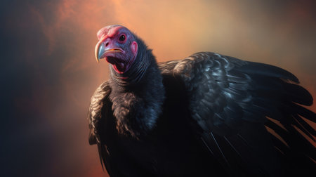 Black vulture on a dark background. Vultur gryphusの素材