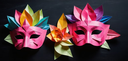 Colorful origami masks on black background. Copy space for text.の素材