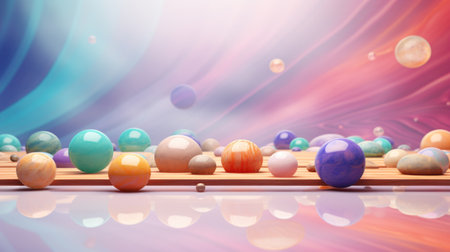 3d render of colorful marble balls on wooden table with space backgroundの素材