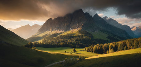 Panoramic view of the Dolomites mountains at sunset, Italyの素材