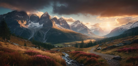 Beautiful panoramic view of autumn alpine landscape with mountain lake.の素材