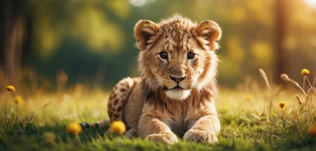 Cute little lion cub lying in the grass and looking at cameraの素材