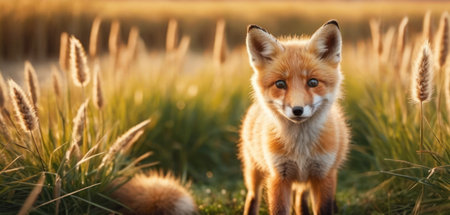Red fox in the grass at sunset. Beautiful red fox in the nature.の素材
