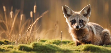 Red fox (Vulpes vulpes) sitting on a mossy fieldの素材
