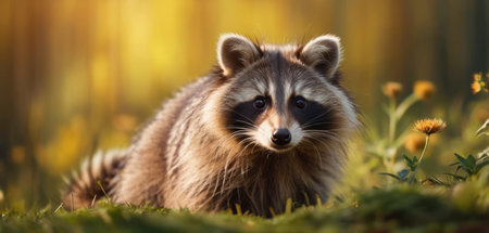 Portrait of a raccoon on a background of green grass.の素材