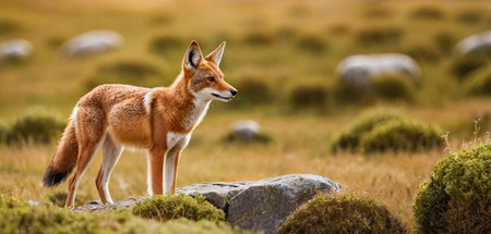 Red fox (Vulpes vulpes) standing on a rock in Scotland.の素材