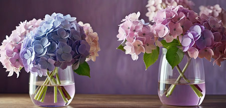 Beautiful hydrangea flowers in vases on wooden tableの素材