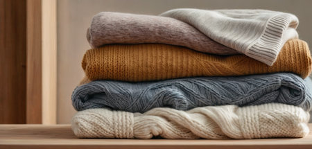 Stack of knitted sweaters on wooden shelf, closeup viewの素材
