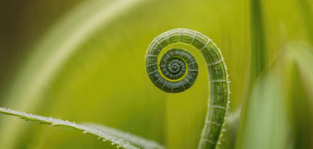 Close up of a green spiral fern leaf in the garden.の素材