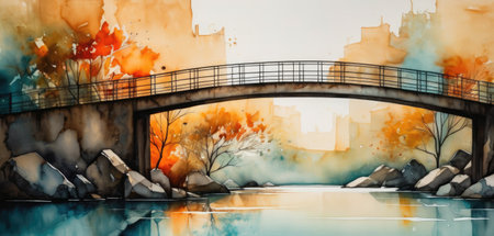 Digital painting of a bridge over a river in the autumn season.の素材