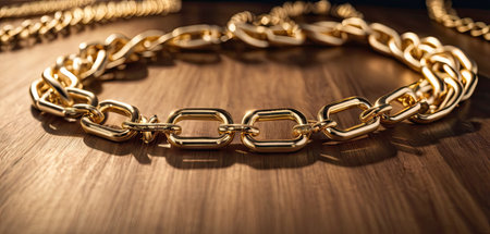 Bracelet made of golden chains on a wooden background close upの素材