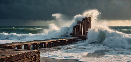 Stormy waves crashing on a wooden pier at the Baltic Sea in Polandの素材