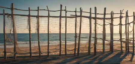 Fishing nets on the beach in the morning. Seascapeの素材