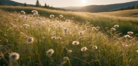 Meadow with dandelions at sunset in the mountains.の素材