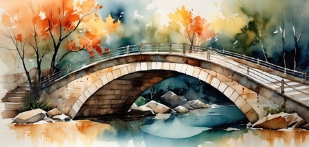 Watercolor illustration of a bridge over the river with autumn leaves.の素材