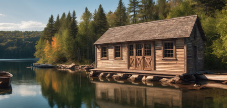 Old wooden house on the shore of a lake. 3d renderの素材