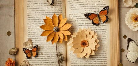 Vintage book with paper flowers and butterflies on the old wooden backgroundの素材