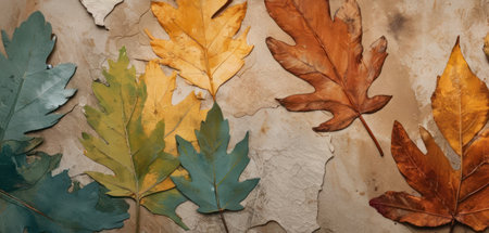 Autumn leaves on the old paper background. Colorful autumn background.の素材