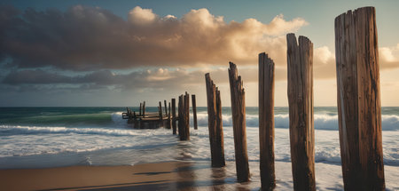 Wooden breakwaters on the beach at sunset, South Australia.の素材