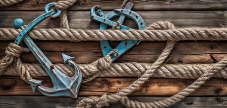 Anchor and rope on a wooden background. Sea theme.の素材