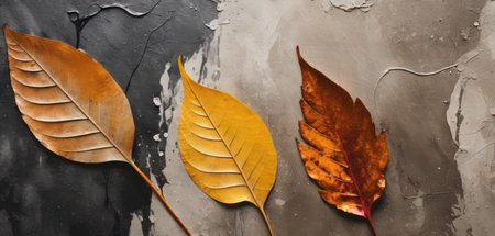 Autumn leaves on a gray background. Autumn concept. Copy space.の素材