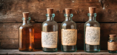 Old bottles with love message on wooden background. Vintage style toned pictureの素材
