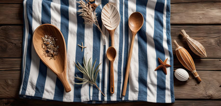 Wooden spoons and utensils on a striped towel.の素材