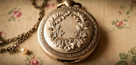 Vintage pocket watch with floral ornament on a background of fabric.の素材