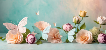 Beautiful spring flowers and butterflies on light blue background. Spring conceptの素材