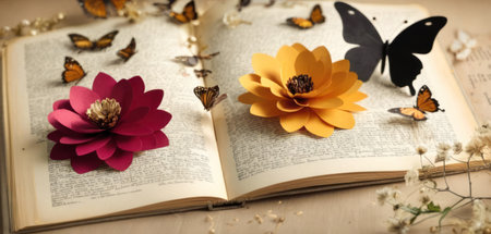 Open book with paper flowers and butterflies on wooden background, closeupの素材