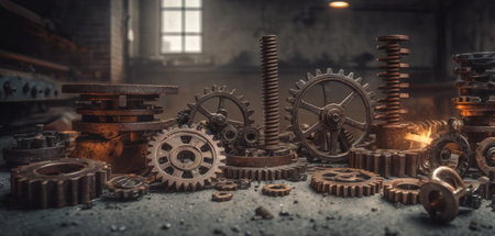 Gears and cogwheels in an old factory. 3d renderingの素材