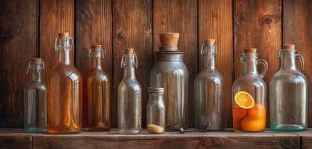 Old bottles and glass jars on a shelf against a rustic wooden wallの素材