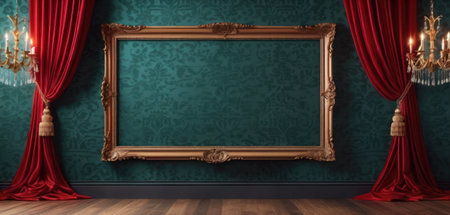 Classic interior with red curtains and empty frame. 3d render illustrationの素材
