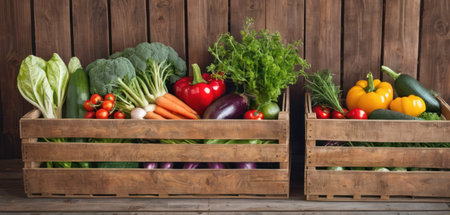 Fresh vegetables in wooden boxes on wooden background. Healthy food concept.の素材