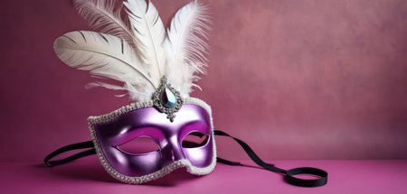 Purple carnival mask with feathers and beads on pink background.の素材
