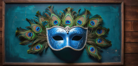 Blue Venetian mask with peacock feathers on wooden background.の素材