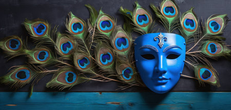 Blue carnival mask with peacock feathers on a wooden background.の素材