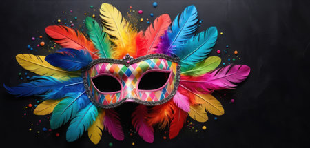 Carnival mask with feathers and confetti on black background.の素材