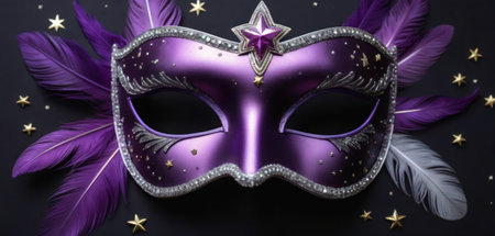 Purple carnival mask with feathers and stars on black background.の素材