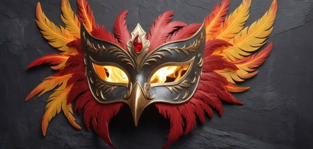 mask with feathers on a black background, copy space for your textの素材