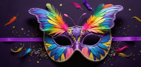 Colorful carnival mask with feathers and confetti on purple backgroundの素材