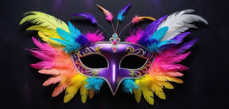 Mardi Gras mask with feathers on black background, close upの素材