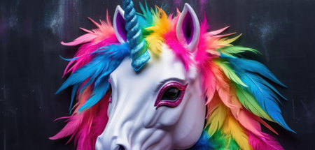 White unicorn mask with colorful feathers on a black background. Close-upの素材