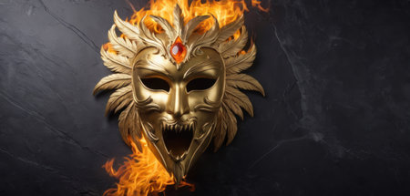 Flaming Venetian mask on a black background. Carnival conceptの素材