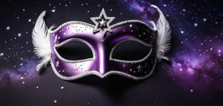 Purple carnival mask with feathers and stars on space background.の素材