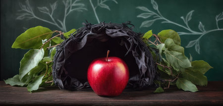 Red apple in a black bag on a green chalkboard background.の素材