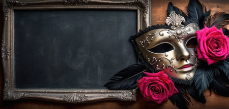 Carnival mask with red roses and blackboard on wooden backgroundの素材